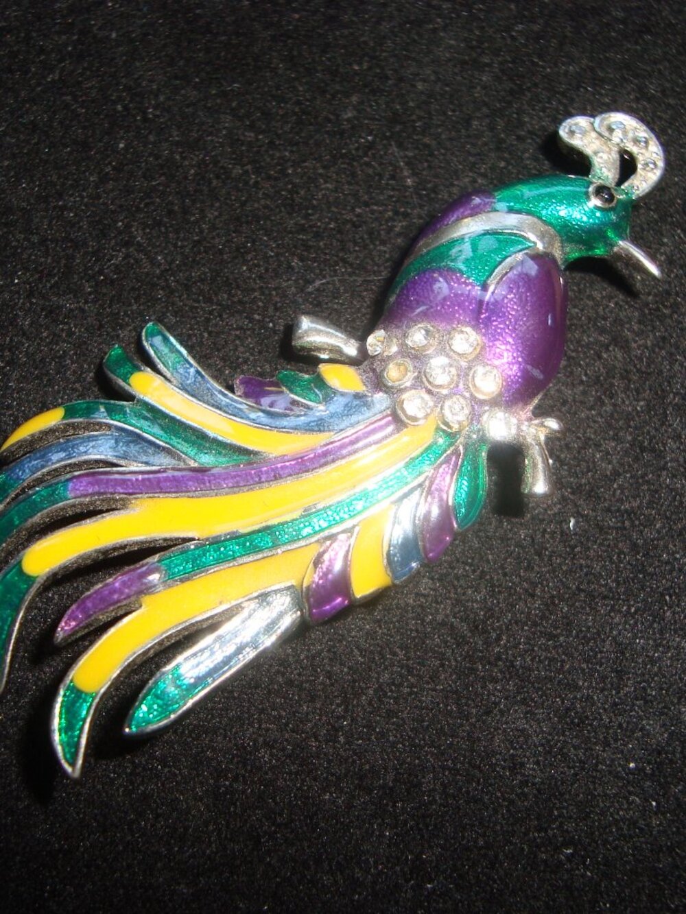 Colorful Peacock Bird Enamel Brooch Pin Crystal Accent Purple Green Yellow